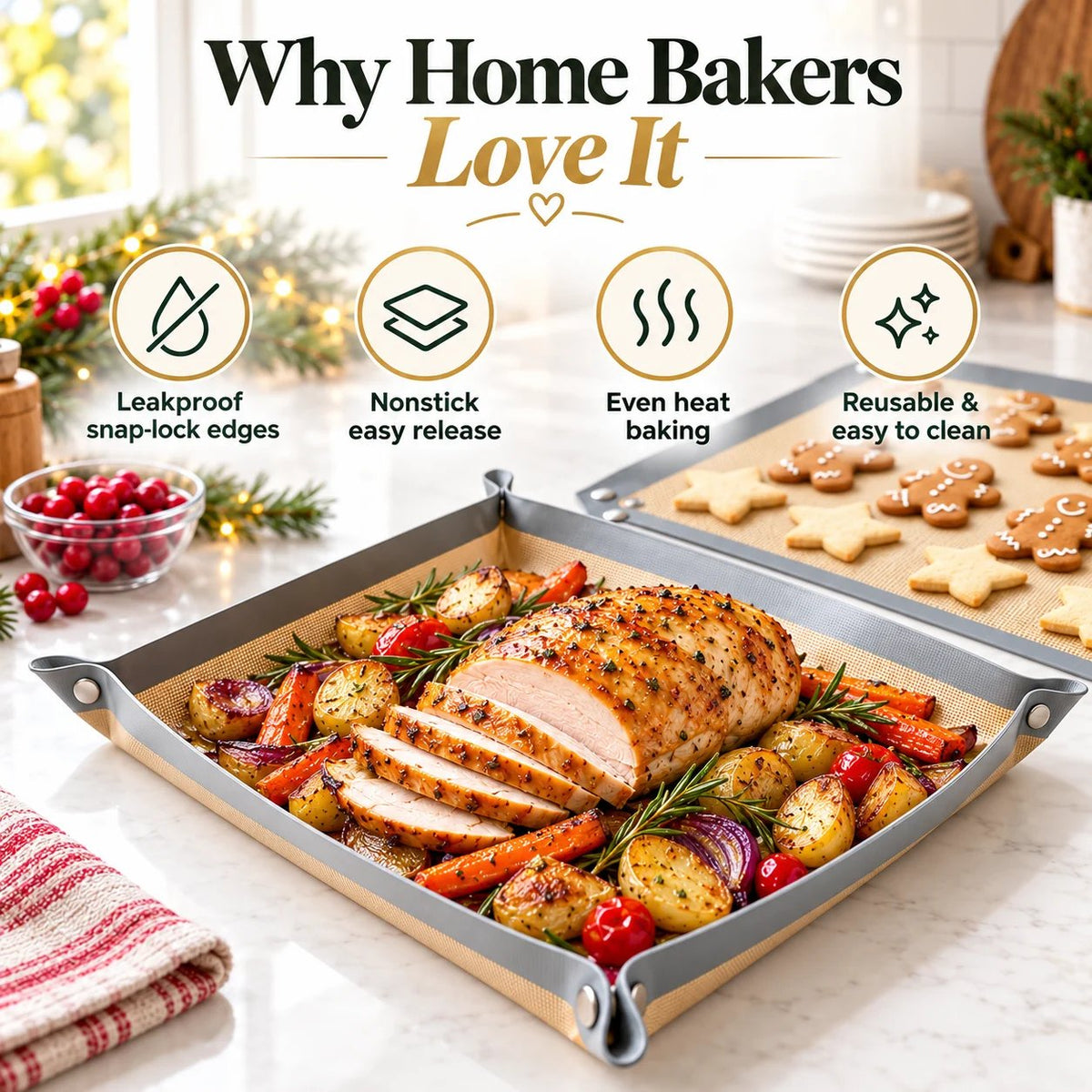 Snap-Lock Silicone Baking Mat -2in-1 Nonstick Oven Liner & RaisedEdge Roasting Mat