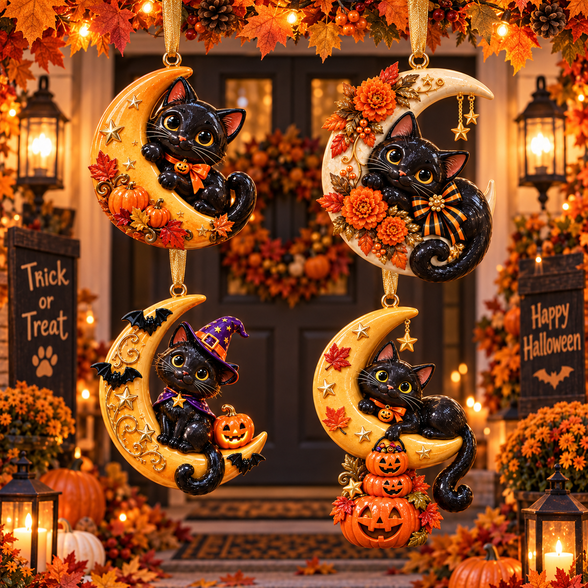 Black Cat Crescent Moon Halloween Ornament -  Spooky-Cute Hanging Keepsake Collection, Festive Halloween Gift for Cat Lovers & Family