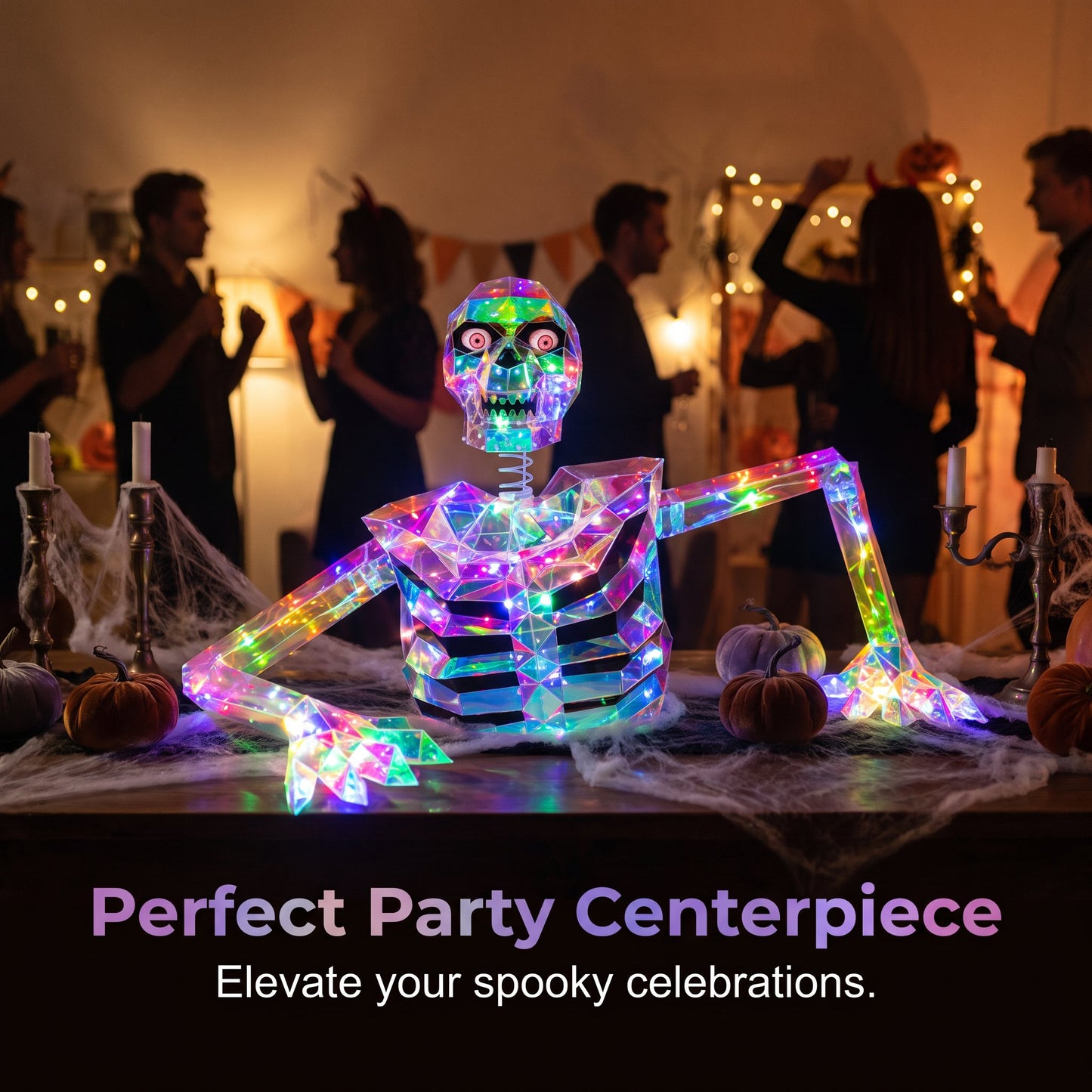 🔥HOT SALE🔥Giant Crystal Effect Skeleton Halloween Decoration - 116cm Wide Light-Reflecting Oversized Skeleton Centerpiece with 3m Power Cable - Mysterious Glow Decor for Home Entryway, Living Room & Spooky Party