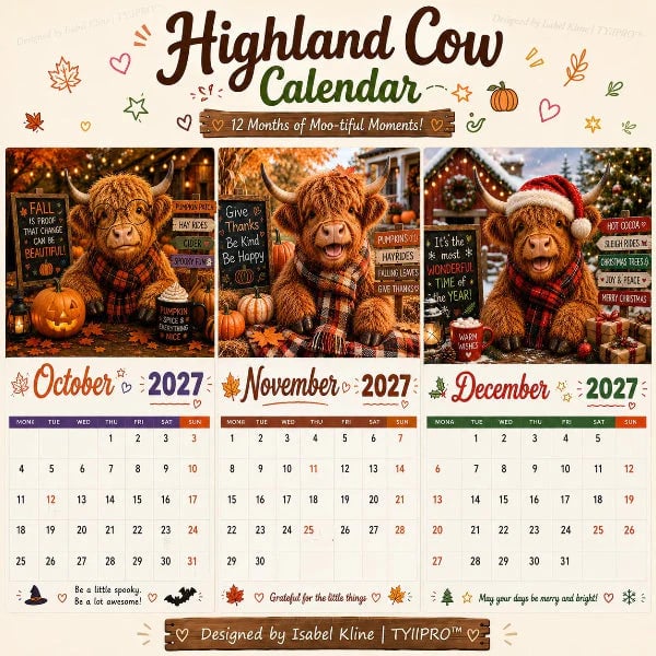 🐮 2027 Funny Highland Cow Wall Calendar | 12 Seasonal Cow Adventures with A4 Monthly Planning Pages for Home, Office & Gifts 📅✨