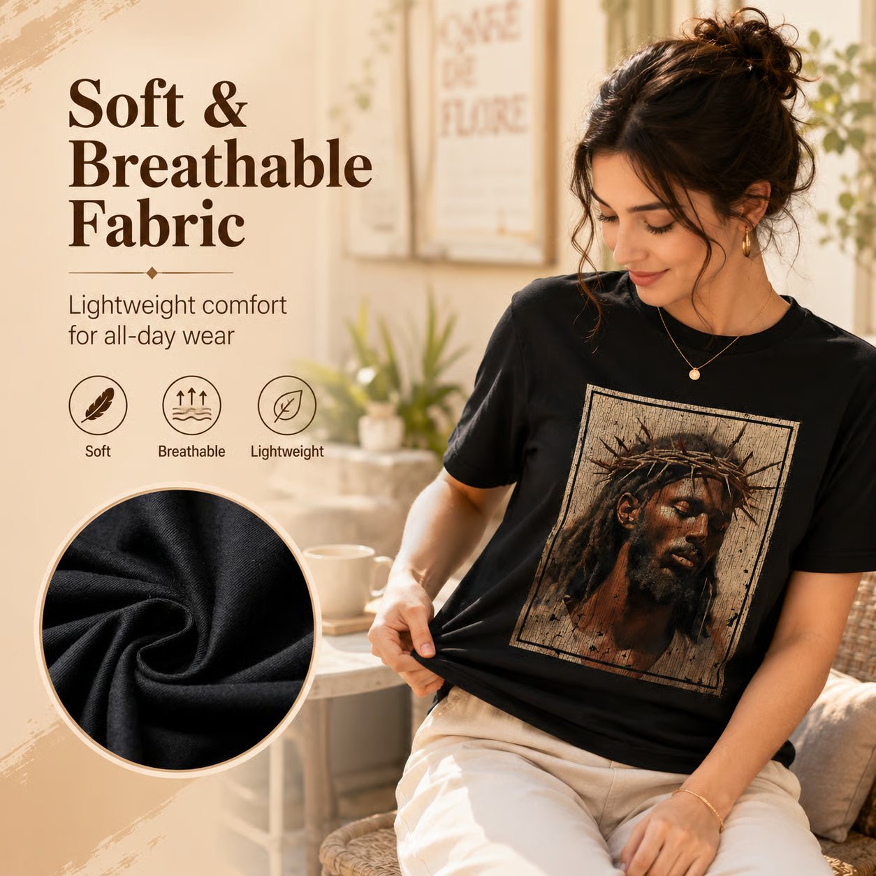 Black Jesus Shirt Face Of Jesus Cross With Crown Of Thorns T-Shirt Streetwear Classic