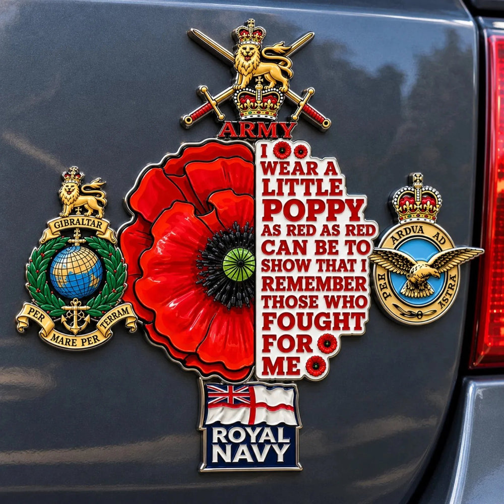 Poppy remembrance emblem on a vehicle, with raised lettering and British military-inspired motifs.