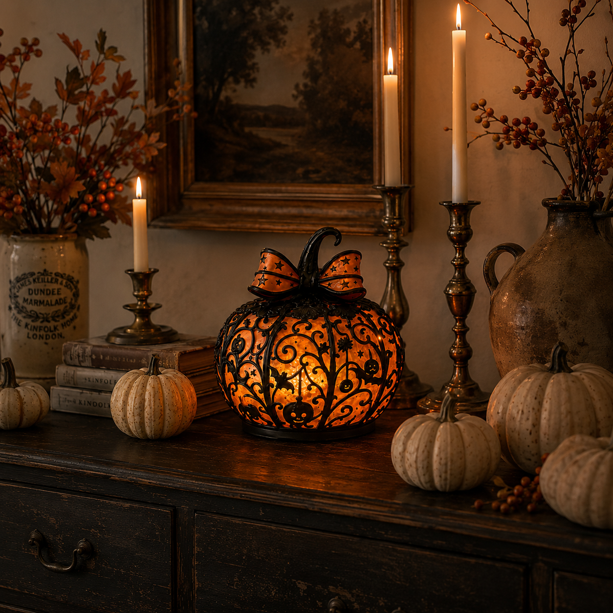 Glowing Filigree Pumpkin Lantern – Cozy Halloween Tabletop Decor