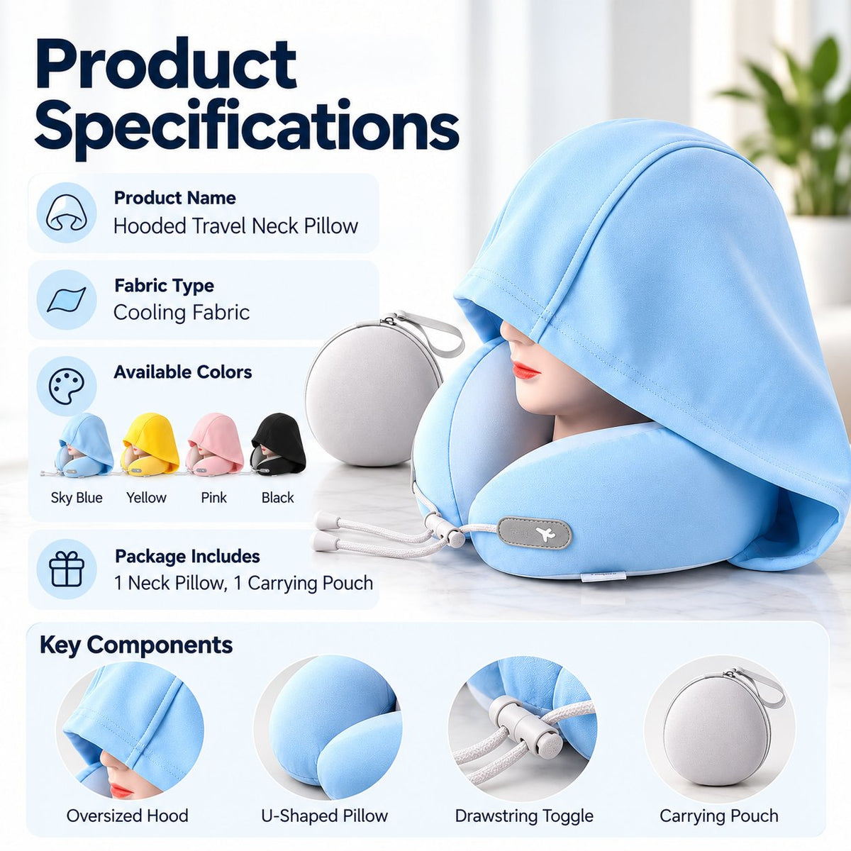 Hooded Travel Neck Pillow with Carrying Pouch