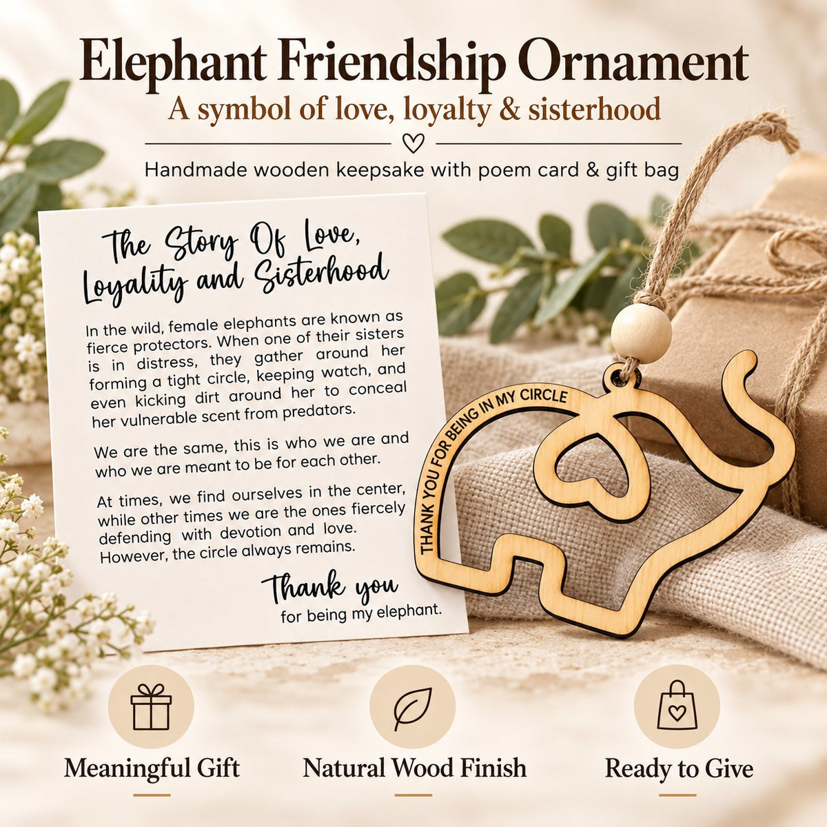 Sisterhood Elephant Wooden Keepsake – Friendship Gift