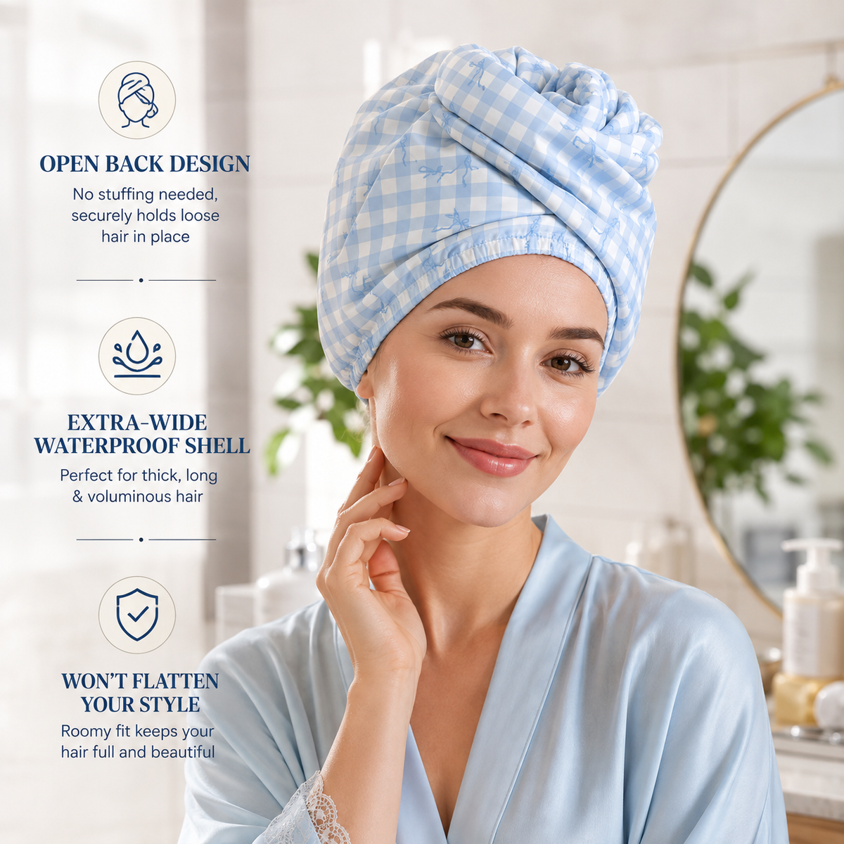 Gingham Blue Satin Lined Flexi Shower Cap
