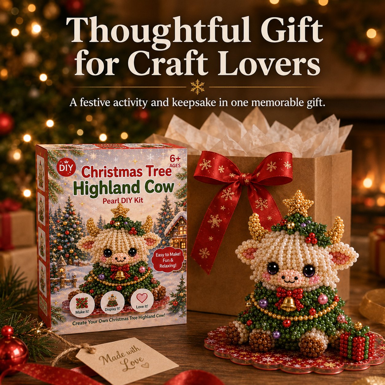 ⏳ Last Day 49% OFF – 🎄Beginner-Friendly Christmas Highland Cow 3D Pearl Bead DIY Kit | Complete Kit with All Tools & Step-by-Step Guide Included 💕