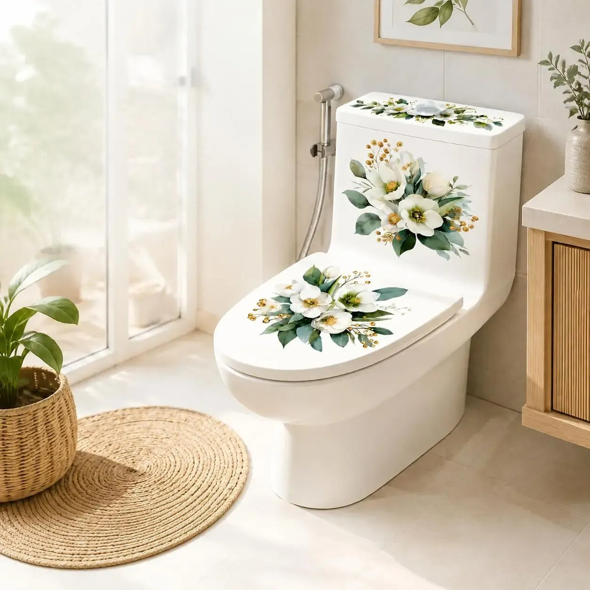 🌸3 Piece Golden Floral Toilet Stickers – Pearl-Inspired Bathroom Decals