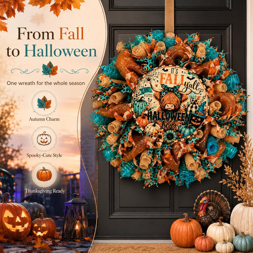 🐮🍂 Highland Cow Fall Halloween Wreath – Cozy Autumn Front Door Decor with Teal & Orange Buffalo Plaid Design for Thanksgiving, Harvest & Spooky Season 🚪🎁
