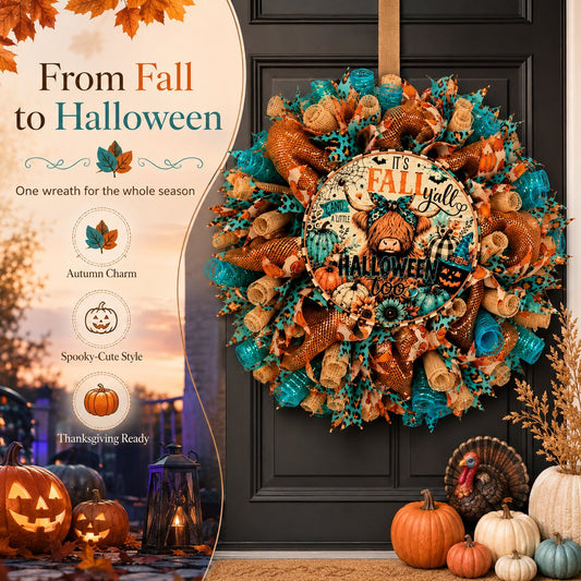 🐮🍂 Highland Cow Fall Halloween Wreath – Cozy Autumn Front Door Decor with Teal & Orange Buffalo Plaid Design for Thanksgiving, Harvest & Spooky Season 🚪🎁