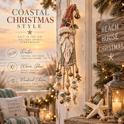 🔔🎄Vintage Coastal Santa Lighted Wall Decor – Beach House Christmas Hanging with Starfish, Shells & Warm Glow🌙