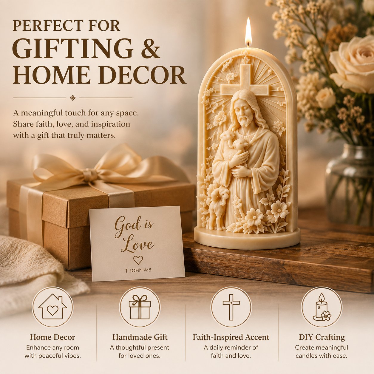 ✝️ 2-Piece Good Shepherd Jesus 3D Candle Mold Set | Sculpted Cross, Lamb & Floral Relief for Faith-Inspired Handmade Candles 🕯️✨