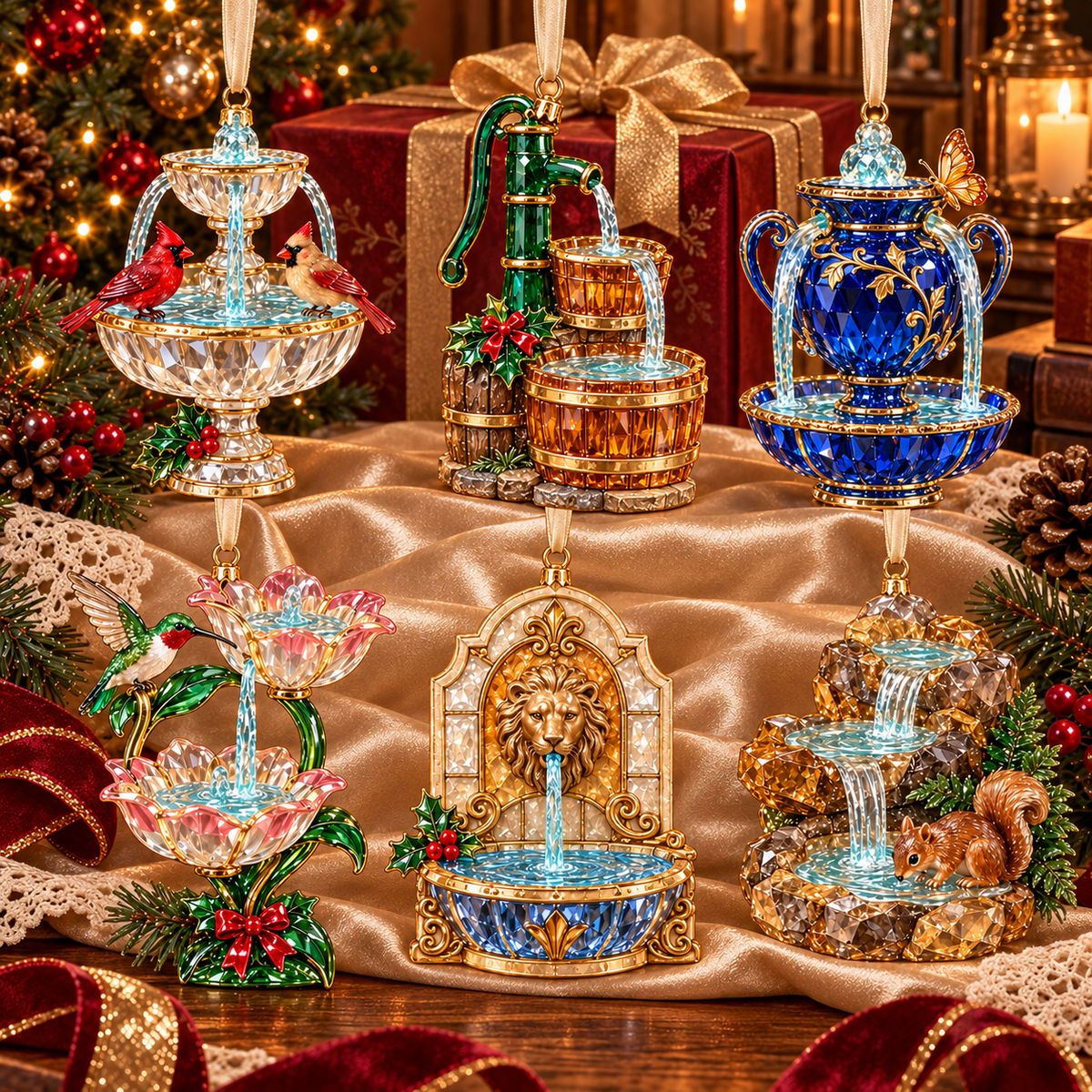 Vintage Crystal Fountain Christmas Ornaments – 6-Piece Enchanted Water Fountain Collection | Elegant Holiday Decorations & Unique Christmas Gifts 🎄✨