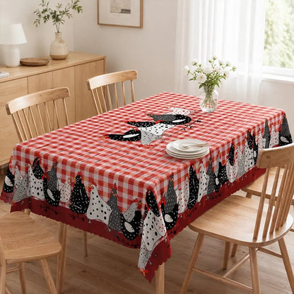 🔥HOT SALE🔥🐓 Farmhouse Rooster Tablecloth – Red Buffalo Plaid Chicken Table Cover, Spill Proof & Scalloped Lace Edge ✨