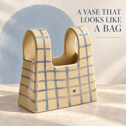 🌼 Handmade Checkered Ceramic Bag Vase