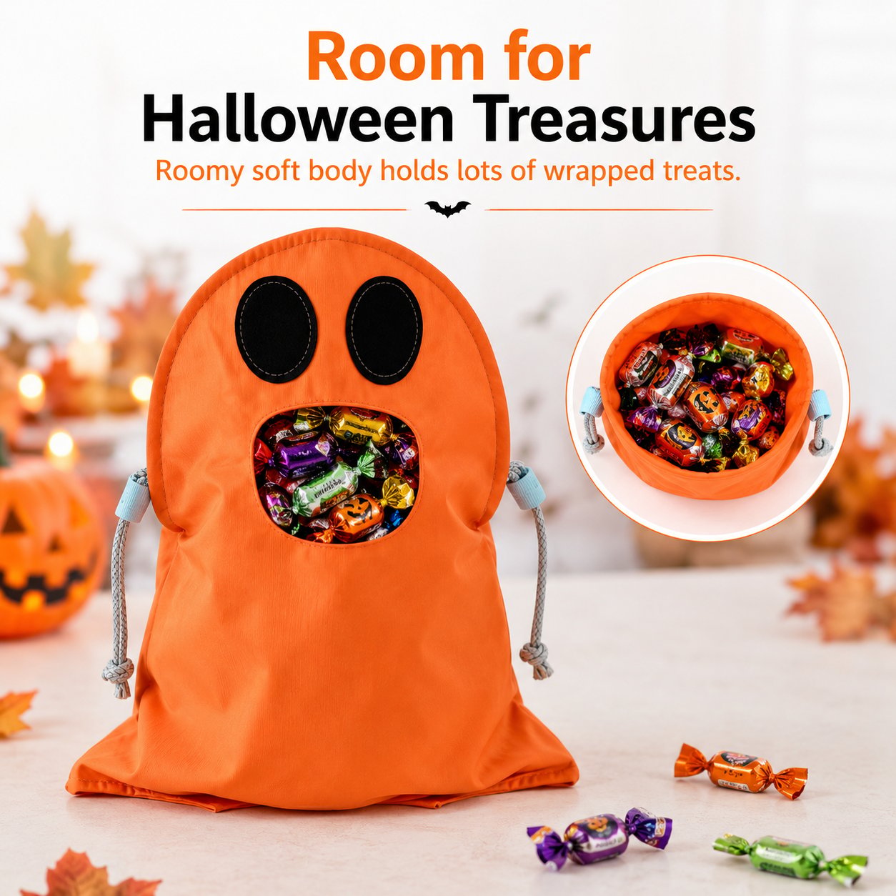 ⏳ Last Day 49% OFF – 👻 Hands-Free “Feed the Ghost” Halloween Treat Bag for Kids | Wearable Front-Hanging Candy Bag with Large Mouth Opening & Roomy Trick-or-Treat Storage 🎃🍬