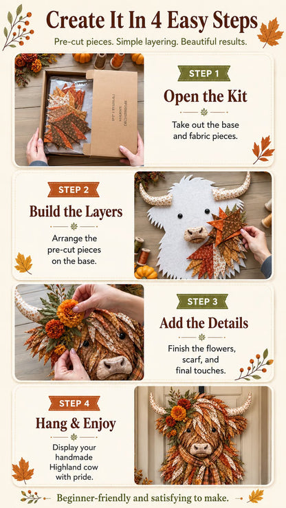 🐮💐🌸 Birth Flower Highland Cow 3D Layered Fabric Art DIY Kit (Beginner-friendly)