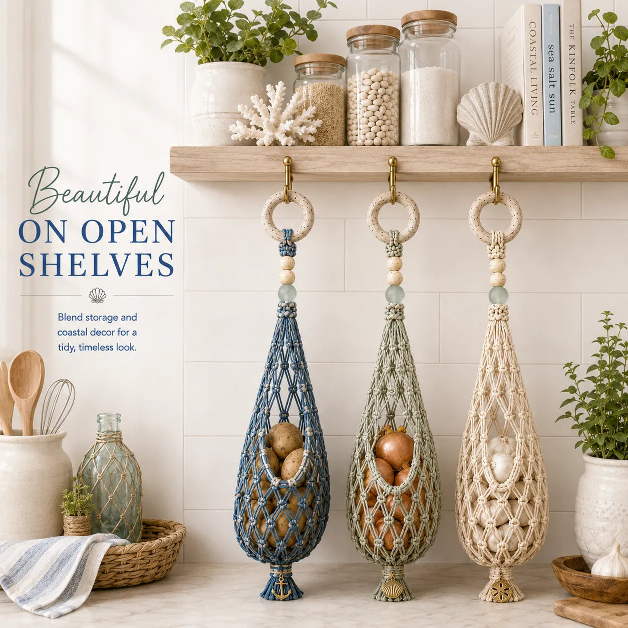 🌊 🥔 Coastal Hanging Produce Storage – Handwoven Breathable Organizer with Easy Side Access