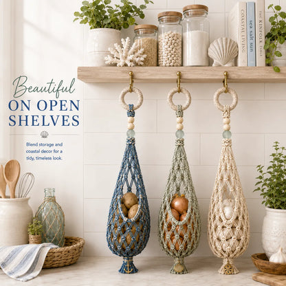 🌊 🥔 Coastal Hanging Produce Storage – Handwoven Breathable Organizer with Easy Side Access