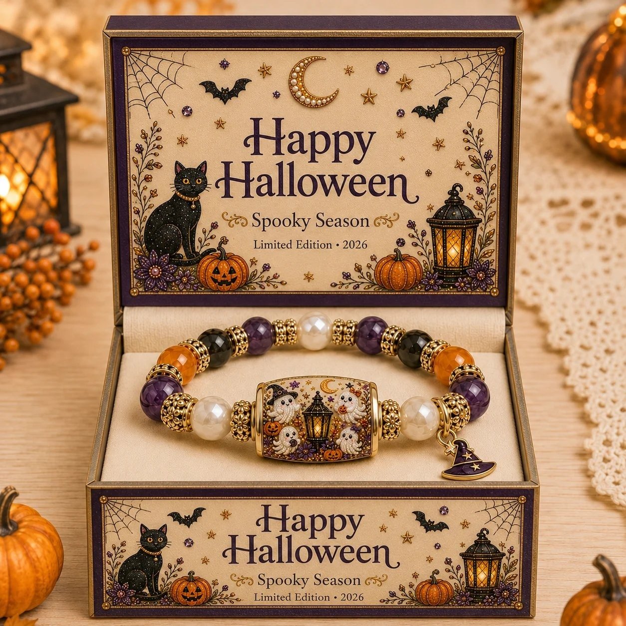 🎃 Limited Edition Halloween Black Cat & Pumpkin Beaded Bracelet Set | Spooky Cute Gift Jewelry