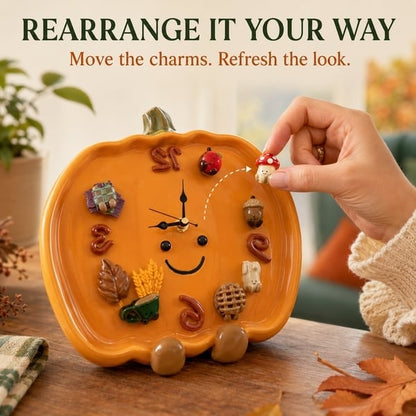 🎃 Cozy Harvest Pumpkin Clock | Semi-Handcrafted 3D Autumn Details, Rearrangeable Charms & Cord-Free Tabletop Display 🍂✨