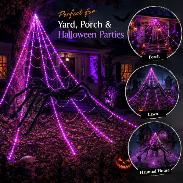Halloween LED Spider Web Lights & Giant Black Spider Decor | 250 LEDs, 8 Modes, Remote Control