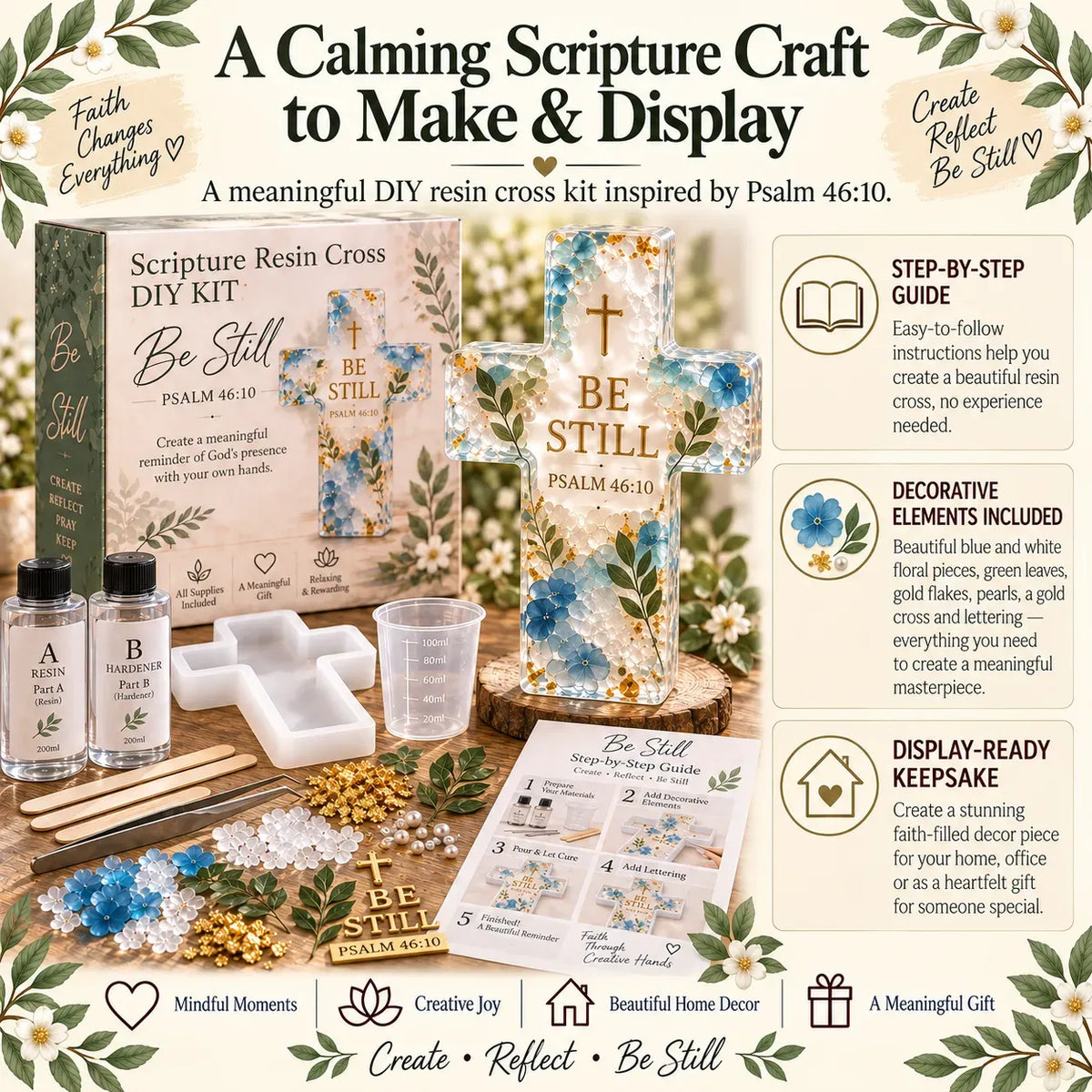 ✝️ Beginner-Friendly Be Still Scripture Resin Cross DIY Kit | Complete Kit with Cross Mold, Two-Part Resin, Florals, Gold Accents, Tools & Step-by-Step Guide Included 💕