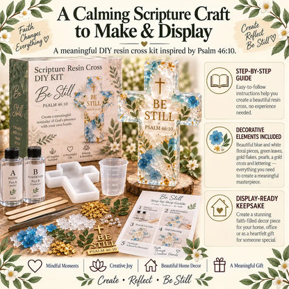 ✝️ Beginner-Friendly Be Still Scripture Resin Cross DIY Kit | Complete Kit with Cross Mold, Two-Part Resin, Florals, Gold Accents, Tools & Step-by-Step Guide Included 💕