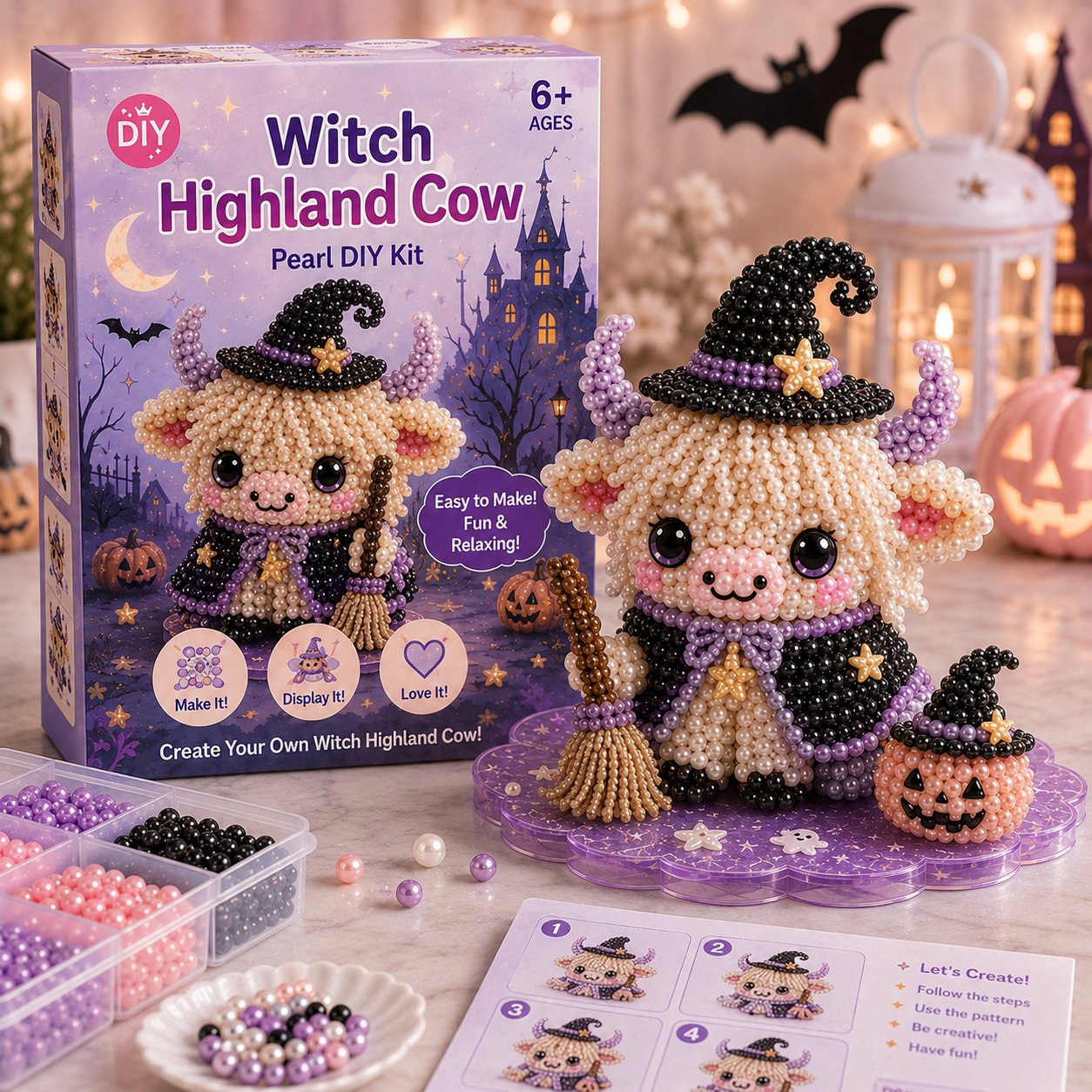 ⏳ Last Day 49% OFF – 🎃 Beginner-Friendly Halloween Highland Cow 3D Pearl Bead DIY Kit | Complete Kit with All Tools & Step-by-Step Guide Included 💕