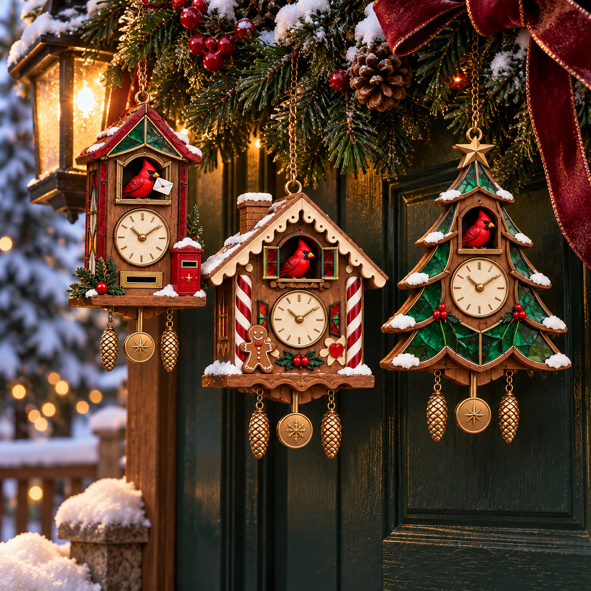 Three Christmas cuckoo clock ornaments hanging on winter holiday doorway