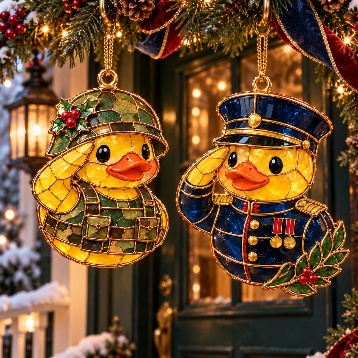 Military Duck Christmas Ornaments – 6-Piece Vintage Stained-Glass Style Gift Set
