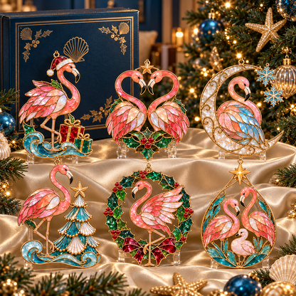 Coastal Christmas Flamingo Ornaments – Vintage Stained-Glass Style, 6-Piece Set