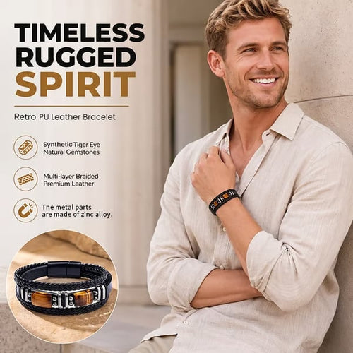 🔥Versatile Vintage Leather Bracelet 📿 Braided Layered Tiger Eye Stone Wristband for Men & Women