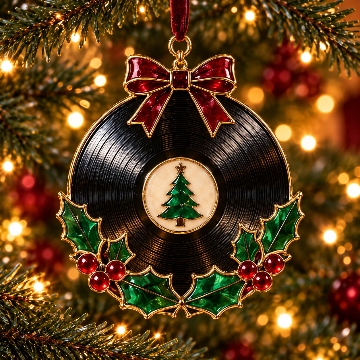 Black vinyl record with Christmas tree and holly bow