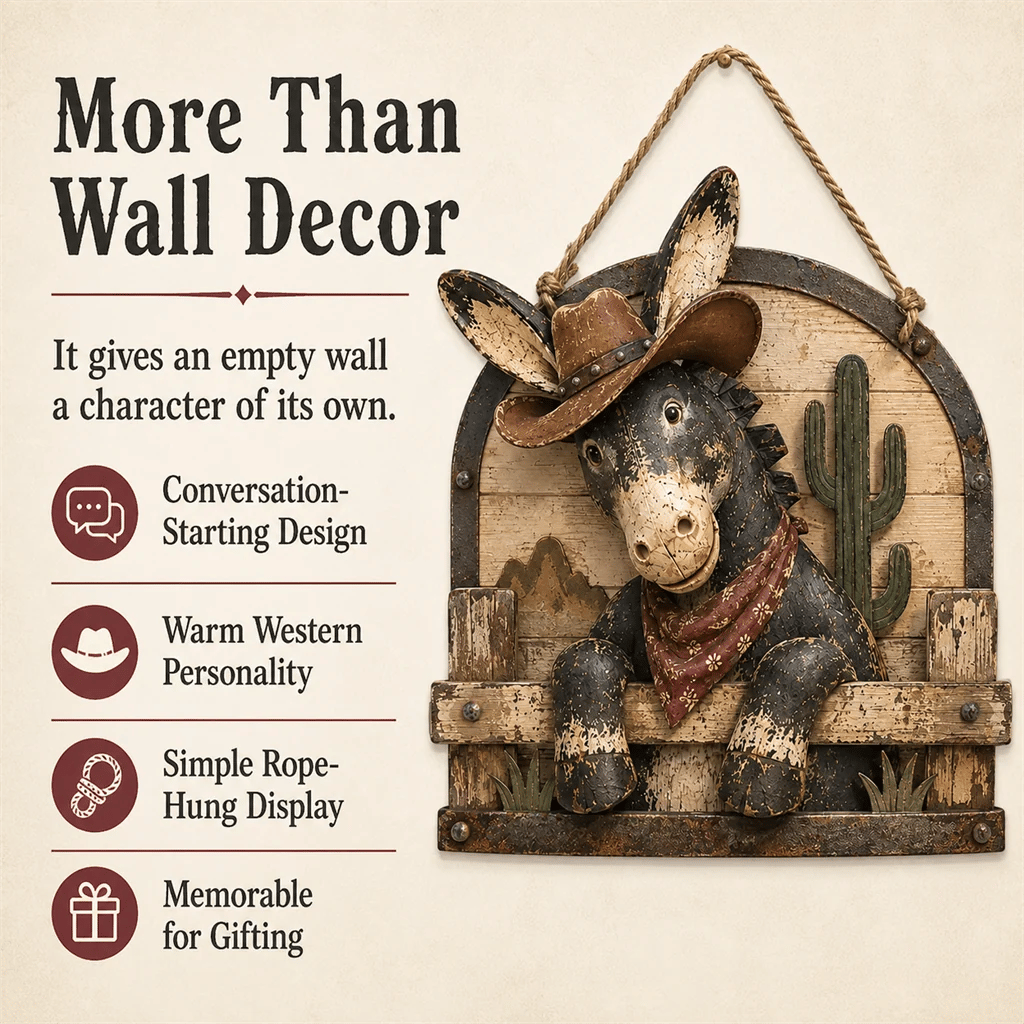 🫏 Rustic Cowboy Donkey Wall Hanging – Western Farmhouse Décor & Country Keepsake
