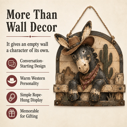🫏 Rustic Cowboy Donkey Wall Hanging – Western Farmhouse Décor & Country Keepsake