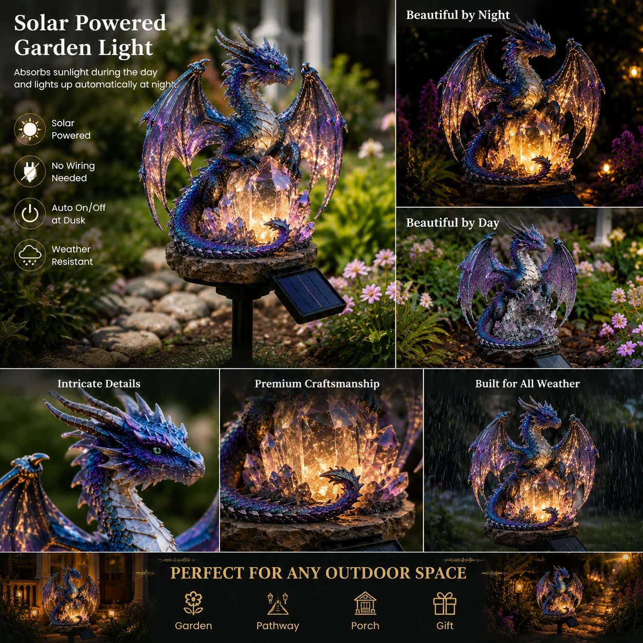 🔥HOT SALE🔥Amethyst Crystal Dragon🐉Solar Dragon Crystal Garden Light