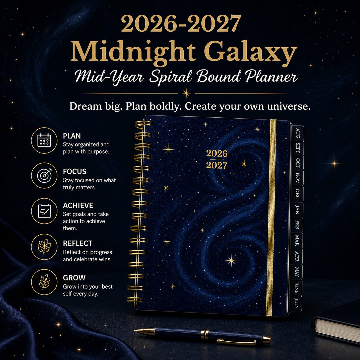 🔥 LAST DAY 49% OFF – 🌌 2026-2027 Midnight Galaxy Mid-Year Planner | 120gsm Bleedproof Paper, Goal Trackers, Reflection Pages, Monthly Tabs, Stickers & Back Pocket ✨