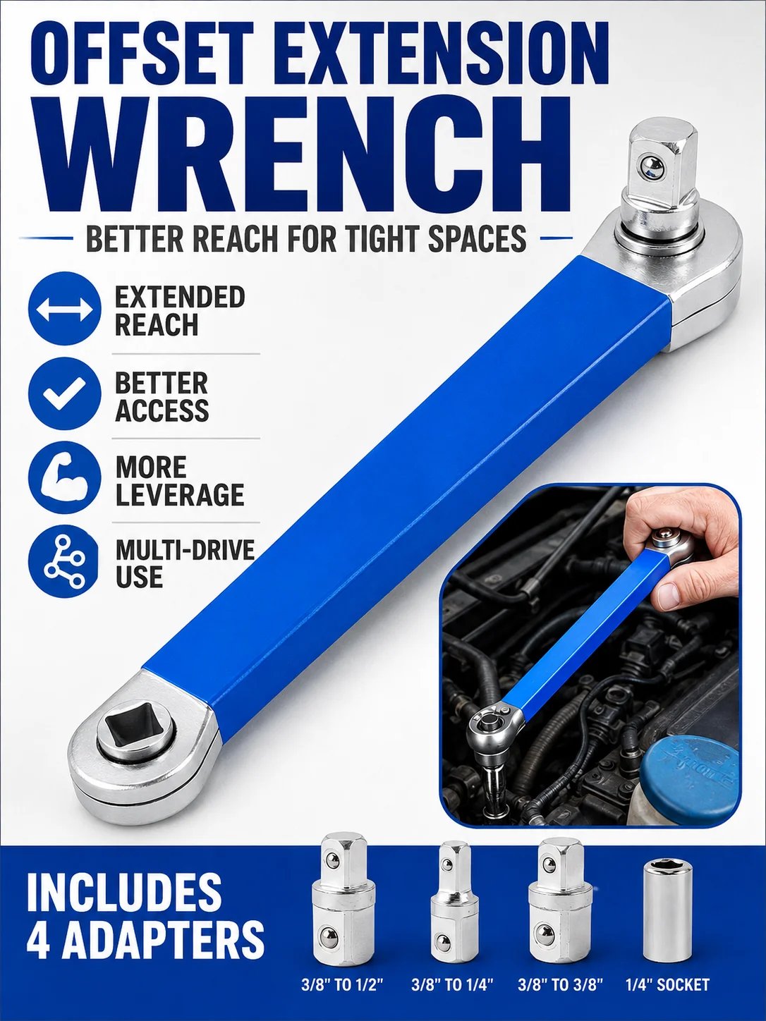 🎉🔧 Tool Deal ⚡ Impact-Ready Offset Wrench Extender with Universal Drive Adapters for Tight Spaces 🛠️