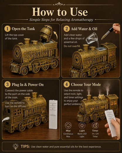 🔥Limited-Time Sale | Vintage Steam Train Humidifier – 300ML Aromatherapy Diffuser with LED Light