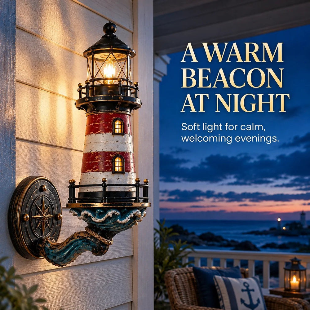 Vintage lighthouse wall light glowing at sunset