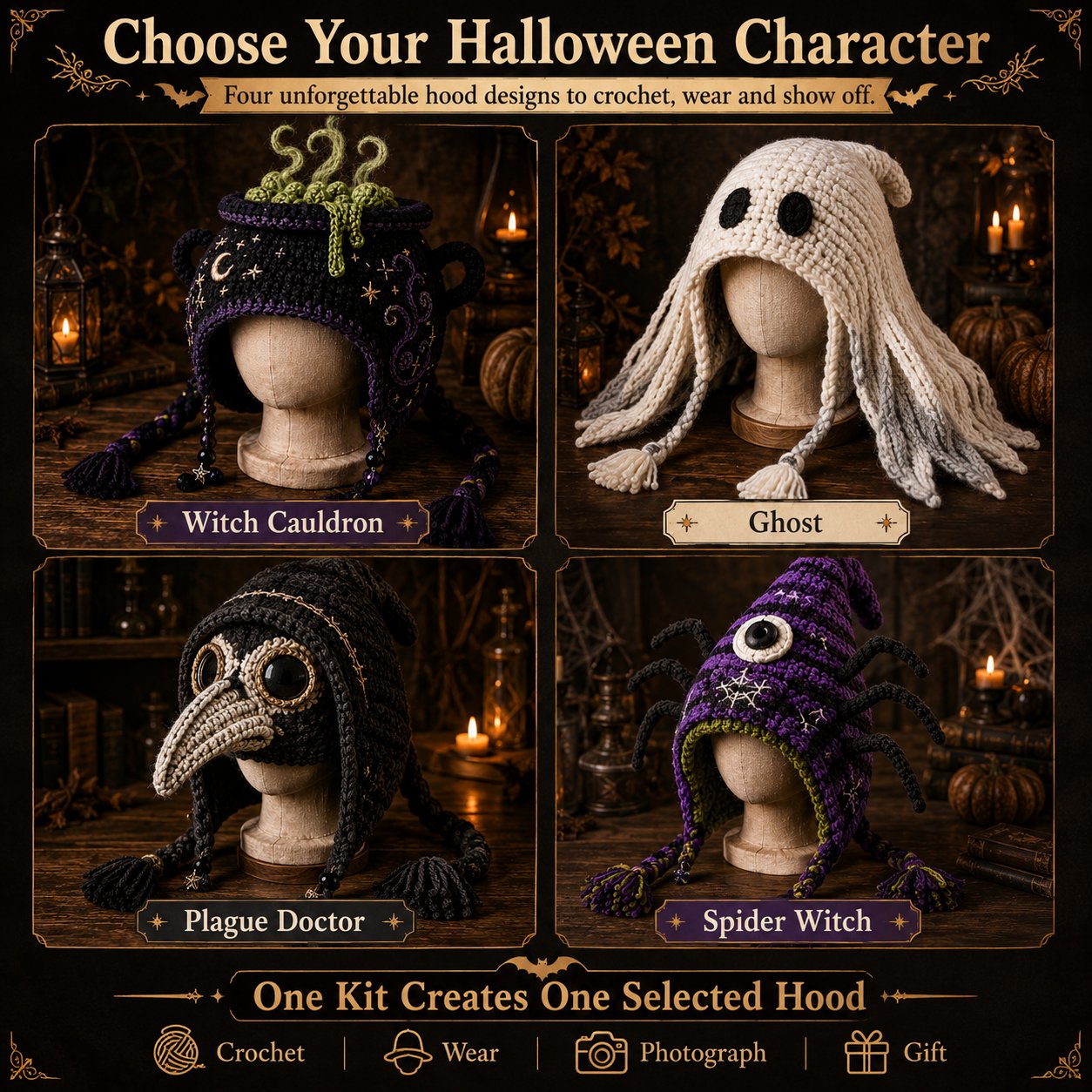 🔥 LAST DAY 49% OFF – 🎃✨ Halloween Hood Hat DIY Crochet Kit | Premium Soft Yarn Materials with Step-by-Step Guide DIY Handmade Wearable Spooky Character Hood 🧶🎭✨