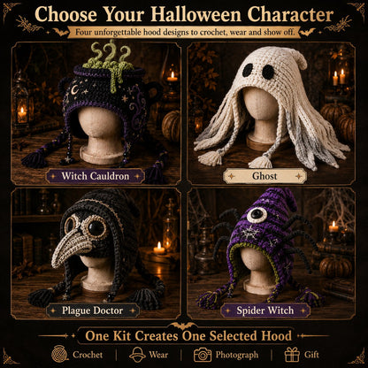 🔥 LAST DAY 49% OFF – 🎃✨ Halloween Hood Hat DIY Crochet Kit | Premium Soft Yarn Materials with Step-by-Step Guide DIY Handmade Wearable Spooky Character Hood 🧶🎭✨
