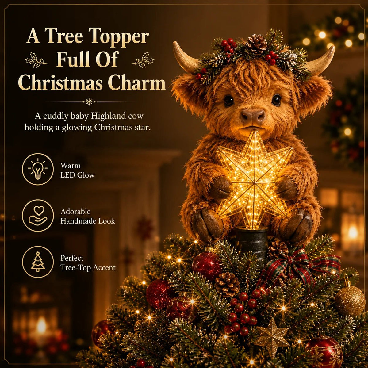 🎄Baby Highland Cow Glowing Star Tree Topper✨