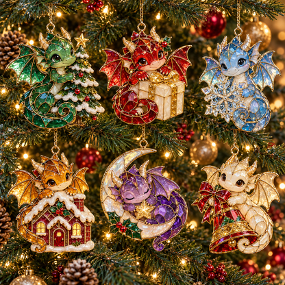 Enchanted Christmas Dragons – 6-Piece Vintage Stained Glass-Style Ornament Set
