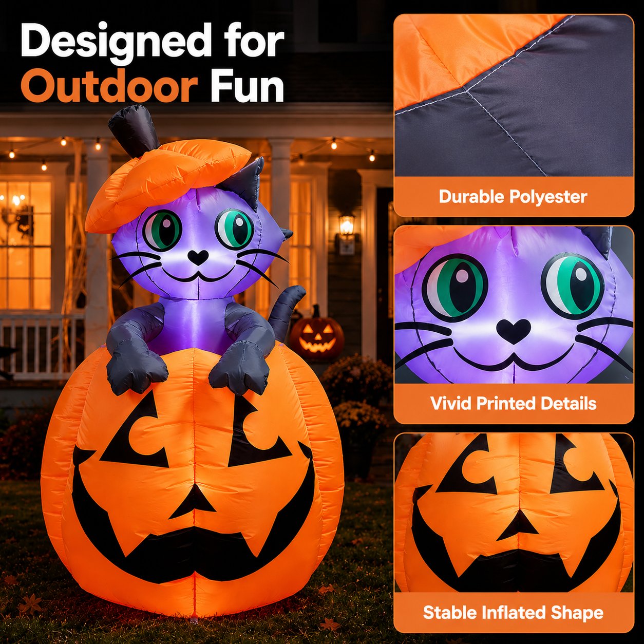 Giant Halloween Pumpkin Cat Inflatable Yard Decoration