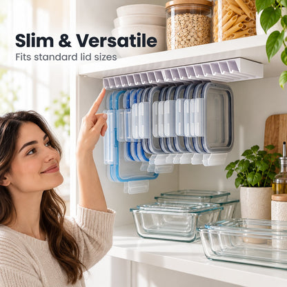 🌿 Zero Clutter: Smart Under-Shelf Lid Holder for 20 Lids