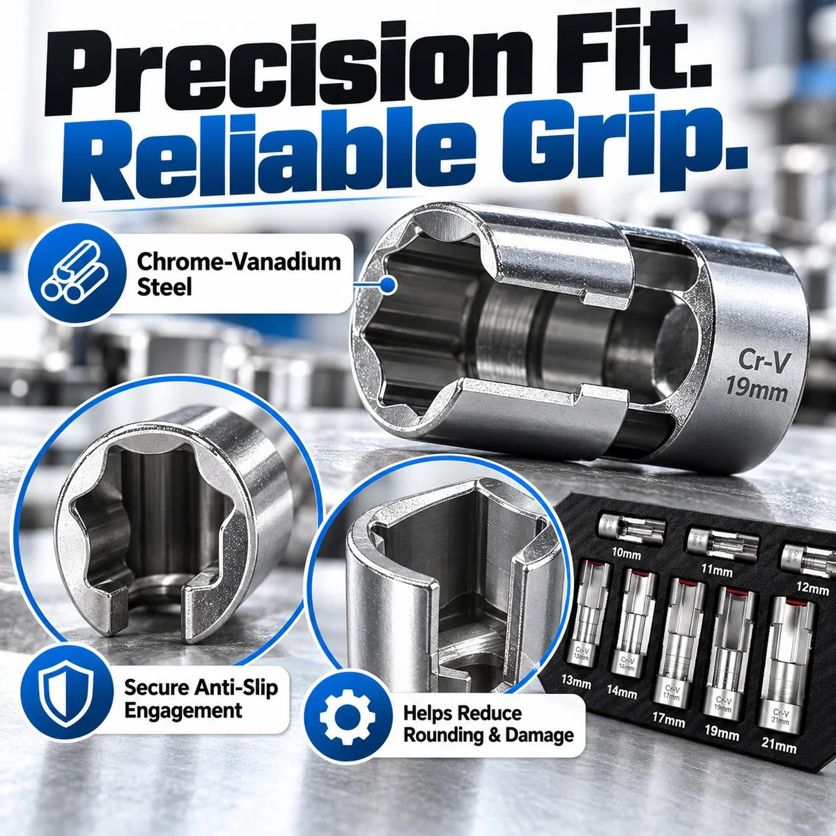 9-Piece Injector & Sensor Line Socket Set – 10–22mm Open-Side Cr-V Sockets, 3/8' & 1/2' Drive