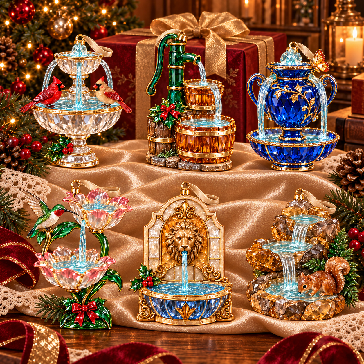 Six vintage crystal fountain Christmas ornaments with birds, flowers and decorative fountains