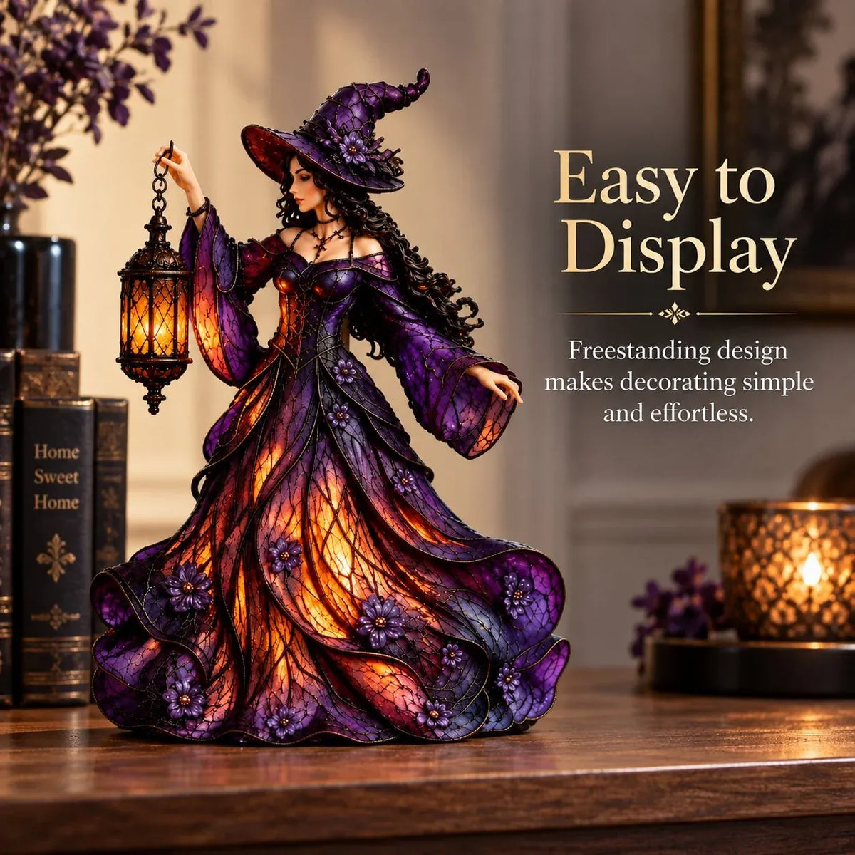 ⏳ Last Day 49% OFF – 🧙 Gothic Witch Lantern Figurine | Warm LED Glow for Shelves, Mantels & Halloween Displays 🎃